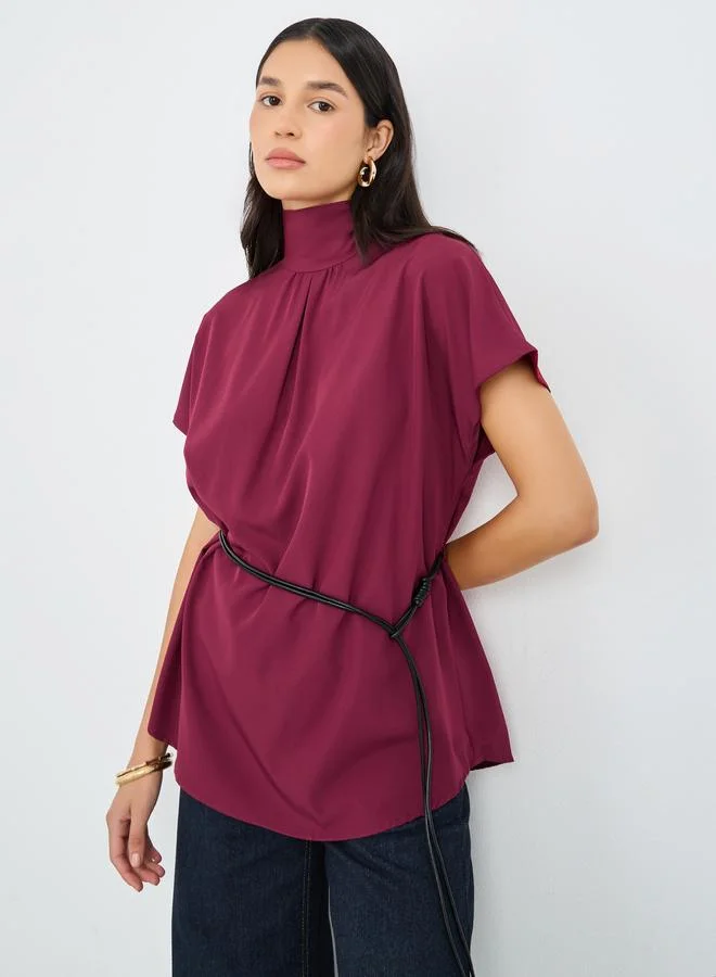 Styli Styli Burgundy High Neck Blouse with Loop String Belt