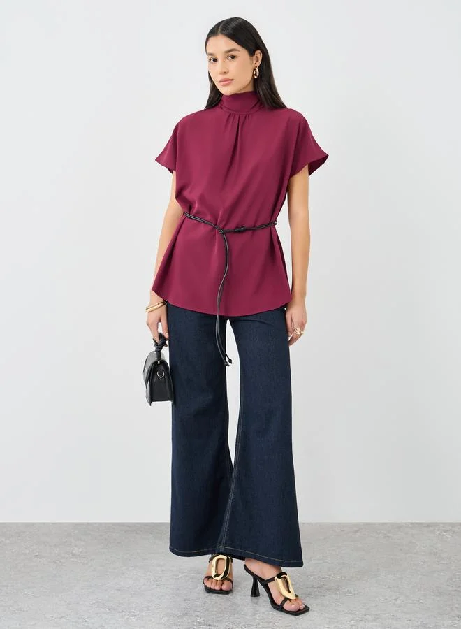Styli Burgundy High Neck Blouse with Loop String Belt
