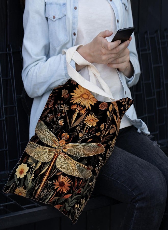 JINYO Vintage Moody Floral Dragonfly Canvas Tote Bag for Women, Cottagecore Nature Botanical Wildflower Dragonfly Canvas Tote Bag Gifts for Themed Lovers, 15x15 Inch - Image 3