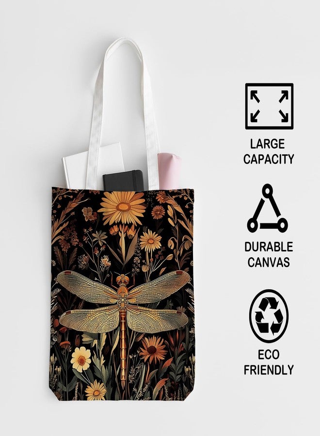 JINYO Vintage Moody Floral Dragonfly Canvas Tote Bag for Women, Cottagecore Nature Botanical Wildflower Dragonfly Canvas Tote Bag Gifts for Themed Lovers, 15x15 Inch - Image 5