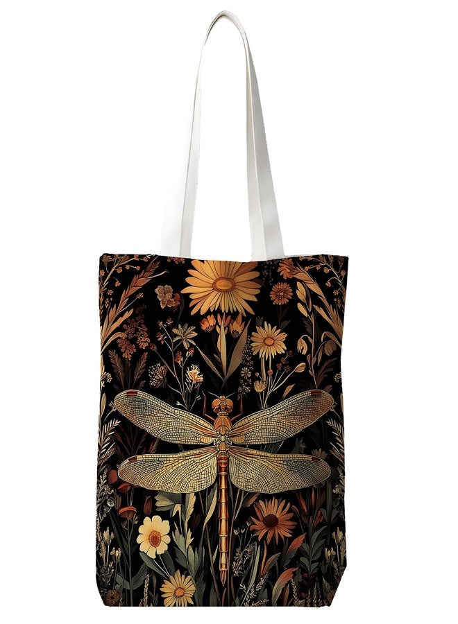 JINYO Vintage Moody Floral Dragonfly Canvas Tote Bag for Women, Cottagecore Nature Botanical Wildflower Dragonfly Canvas Tote Bag Gifts for Themed Lovers, 15x15 Inch - Image 1