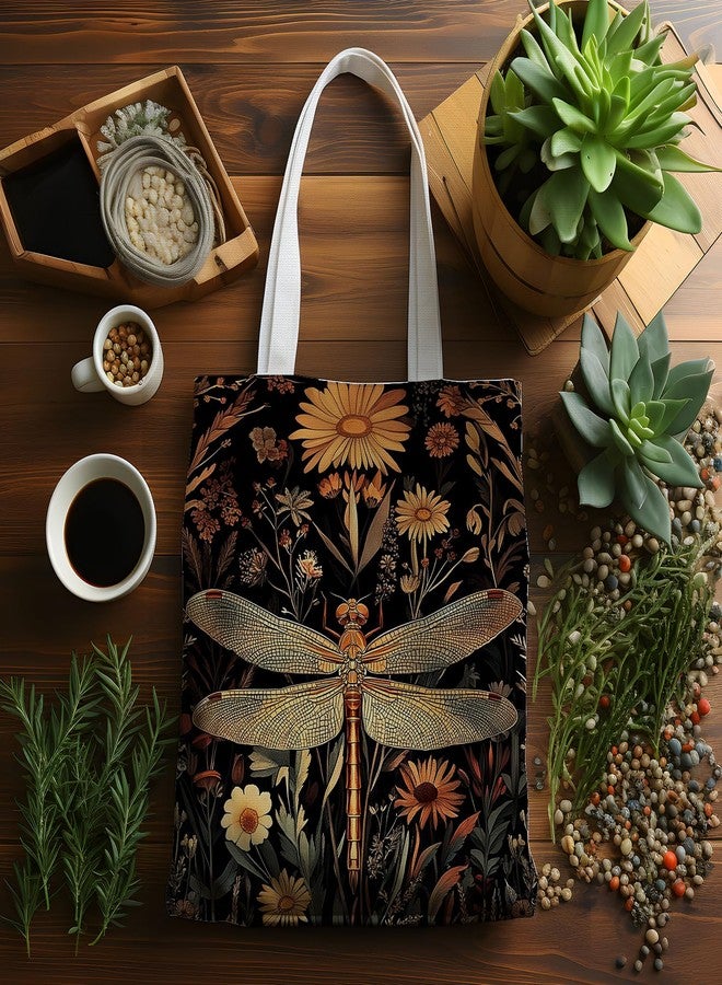 JINYO Vintage Moody Floral Dragonfly Canvas Tote Bag for Women, Cottagecore Nature Botanical Wildflower Dragonfly Canvas Tote Bag Gifts for Themed Lovers, 15x15 Inch - Image 4