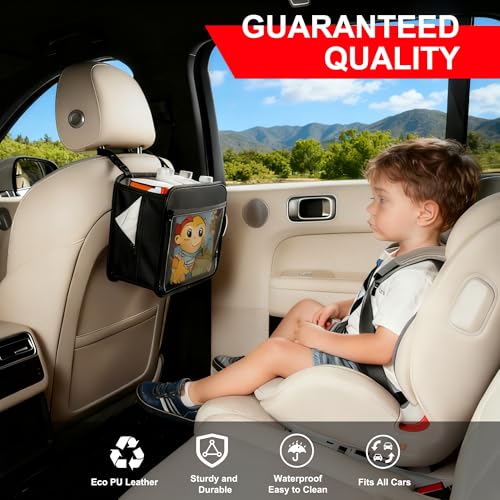 Uplien Car Organizer Bag for Back Seat Front Seat or Between Seats Premium PU Leather Hanging Storage Caddy with Tablet Holder Tissue Box Cup Bottle Holders Mesh Pockets for Kids Adults - Image 2