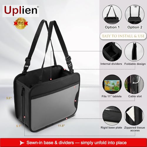 Uplien Car Organizer Bag for Back Seat Front Seat or Between Seats Premium PU Leather Hanging Storage Caddy with Tablet Holder Tissue Box Cup Bottle Holders Mesh Pockets for Kids Adults - Image 3