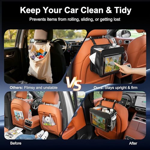 Uplien Car Organizer Bag for Back Seat Front Seat or Between Seats Premium PU Leather Hanging Storage Caddy with Tablet Holder Tissue Box Cup Bottle Holders Mesh Pockets for Kids Adults - Image 5