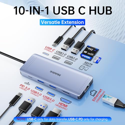 Melelink USB C Hub Ethernet, 10 in 1 USB-C to HDMI Adapter 4K@60Hz with Gigabit Ethernet, 100W PD, USB-A&C Data Ports and SD/TF Slot, USBC Dock MultiPort Dongle for MacBook, Dell, HP, Lenovo, etc - Image 2