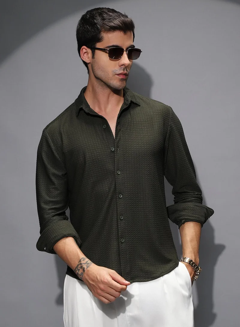 كامبوس سوترا قميص رجالي أخضر عشبي بنقشة شبكية ملمسية للاستخدام اليومي بياقة عادية وأكمام طويلة بأزرار