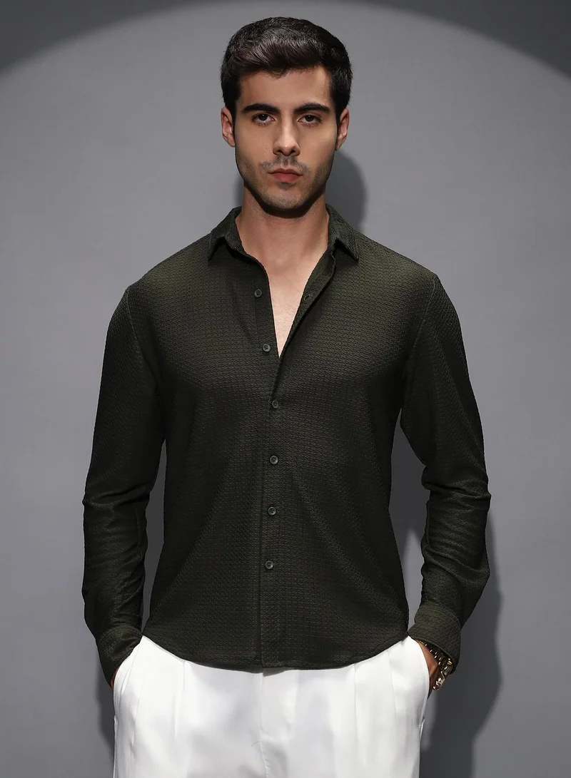 كامبوس سوترا قميص رجالي أخضر عشبي بنقشة شبكية ملمسية للاستخدام اليومي بياقة عادية وأكمام طويلة بأزرار