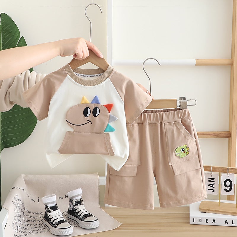 Baby Clothes Summer Handsome Casual Cartoon Short-sleeved Shorts suit Six Months One-year-old Boy Baby Summer Clothes Khaki 