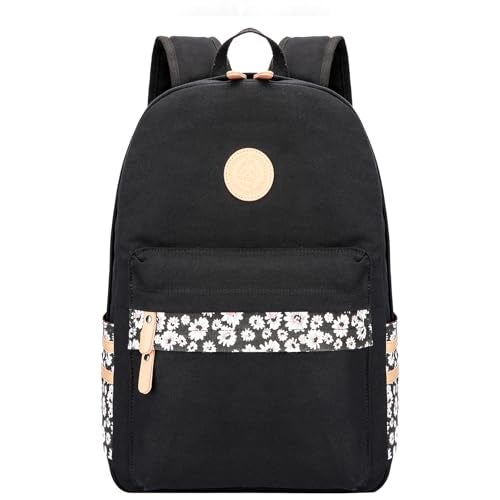 mygreen Kawaii Girls Backpack for School Lightweight Canvas Backpack for Teens Ages 812 Fits 15 Inch Laptop Cute Boho Floral Design Durable Comfortable Black - Image 1