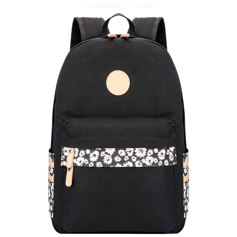 mygreen Kawaii Girls Backpack for School Lightweight Canvas Backpack for Teens Ages 812 Fits 15 Inch Laptop Cute Boho Floral Design Durable Comfortable Black - Image 2