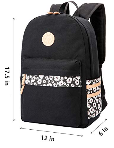 mygreen Kawaii Girls Backpack for School Lightweight Canvas Backpack for Teens Ages 812 Fits 15 Inch Laptop Cute Boho Floral Design Durable Comfortable Black - Image 3