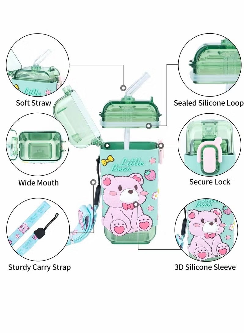 Water Bottles, Kids with Straw Cute Water Bottle, with Lids Shoulder Strap, for School Girls Boys, Reusable Leak Proof Plastic Drink Sport Bottle juice Square Cups Travel Gifts, BPA Free (Bear) - Image 3