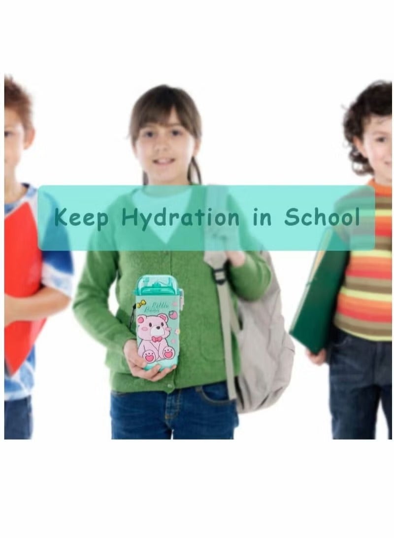 Water Bottles, Kids with Straw Cute Water Bottle, with Lids Shoulder Strap, for School Girls Boys, Reusable Leak Proof Plastic Drink Sport Bottle juice Square Cups Travel Gifts, BPA Free (Bear) - Image 4
