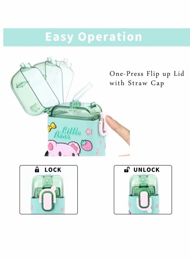 Water Bottles, Kids with Straw Cute Water Bottle, with Lids Shoulder Strap, for School Girls Boys, Reusable Leak Proof Plastic Drink Sport Bottle juice Square Cups Travel Gifts, BPA Free (Bear) - Image 5