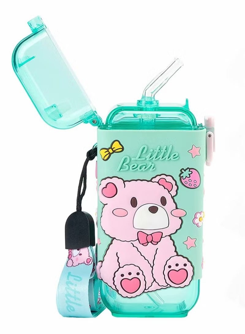 Water Bottles, Kids with Straw Cute Water Bottle, with Lids Shoulder Strap, for School Girls Boys, Reusable Leak Proof Plastic Drink Sport Bottle juice Square Cups Travel Gifts, BPA Free (Bear) - Image 1