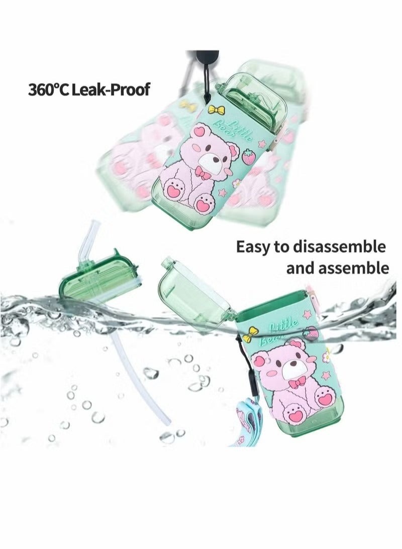 Water Bottles, Kids with Straw Cute Water Bottle, with Lids Shoulder Strap, for School Girls Boys, Reusable Leak Proof Plastic Drink Sport Bottle juice Square Cups Travel Gifts, BPA Free (Bear) - Image 2