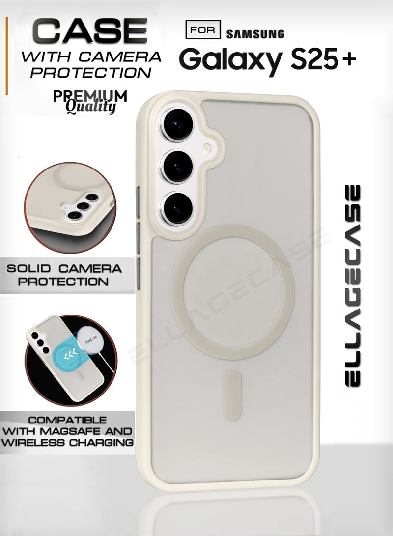 ELLAGECASE حافظة أنيقة بيضاء لهاتف سامسونج جالاكسي S25 بلس، حماية كاميرا قوية، مضادة للصدمات، حماية معززة، متوافقة مع شحن MagSafe والشحن اللاسلكي - Image 1