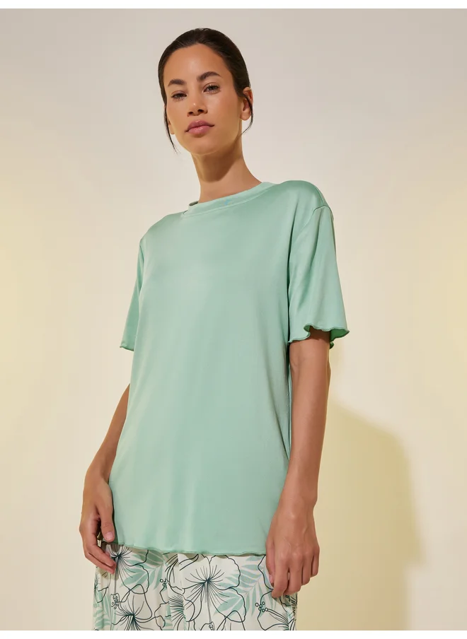 تايك تو Take Two Solid Lettuce Hem T-Shirt and Floral Printed Pyjama Set