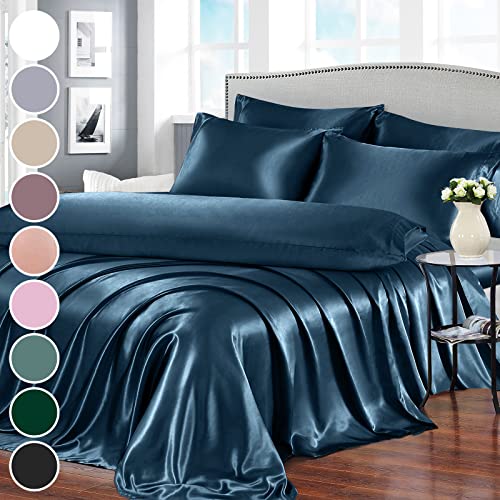 Homiest 7pc Satin Sheets King Size Bed Set Deep Sea Blue Luxury Silky Satin Bedding 1 Deep Pocket Fitted Sheet 1 Soft Flat Sheet 4 Pillowcases 1 Body Pillowcase
