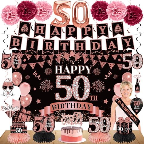Eucutur 42PCS 50th Birthday Decoration Kit for Women Rose Gold Happy 50th Bday Banner Balloons Honeycomb Centerpiece Swirl Paper Pompoms Party Supplies 50 Bday Sash Table Cake Topper Swirls Set - Image 1