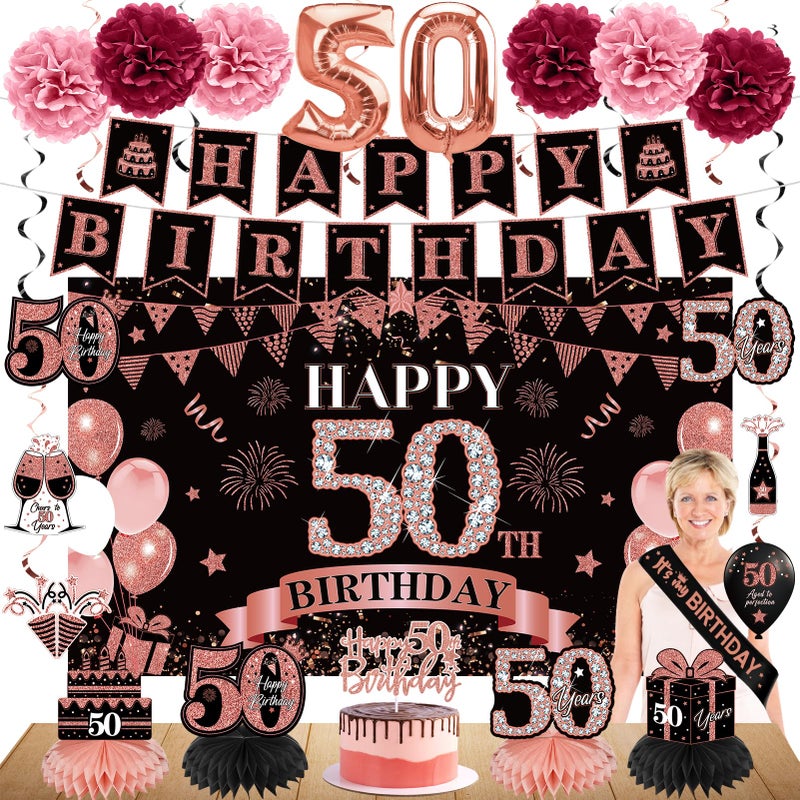 Eucutur 42PCS 50th Birthday Decoration Kit for Women Rose Gold Happy 50th Bday Banner Balloons Honeycomb Centerpiece Swirl Paper Pompoms Party Supplies 50 Bday Sash Table Cake Topper Swirls Set - Image 2