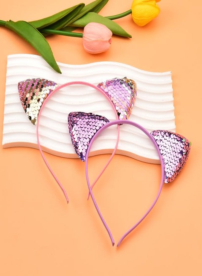 Kefley Cat Headband Pink Purple Cat Ears Headbands for Girls Women Cute Cat Costume Accessories Kitty Cat Cosplay Ears for Kids Teens Sequin Kitty Ears Headband Hairband Headpiece Cat Themed Party Favors - Image 3