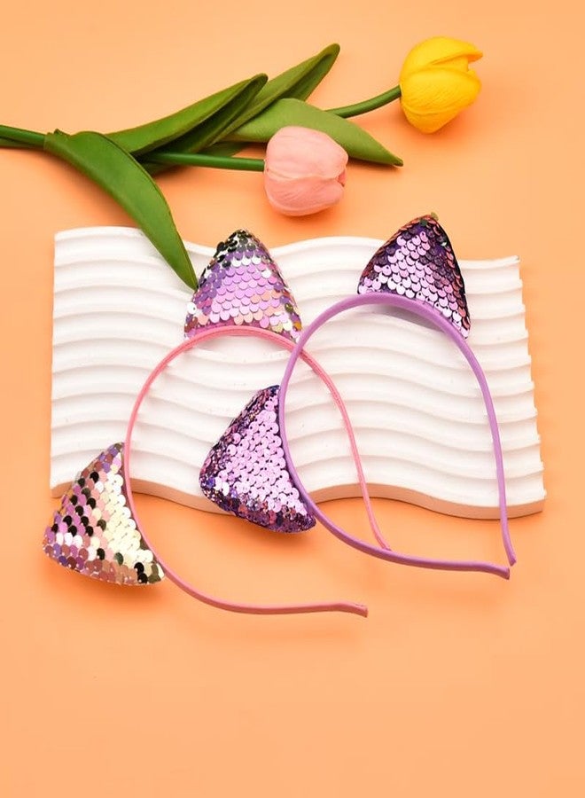 Kefley Cat Headband Pink Purple Cat Ears Headbands for Girls Women Cute Cat Costume Accessories Kitty Cat Cosplay Ears for Kids Teens Sequin Kitty Ears Headband Hairband Headpiece Cat Themed Party Favors - Image 4