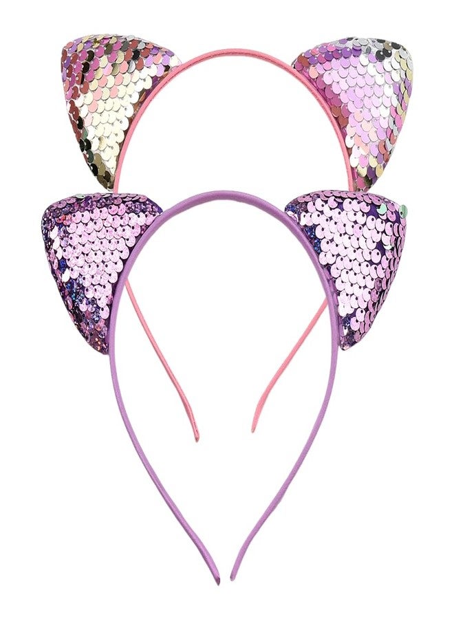 Kefley Cat Headband Pink Purple Cat Ears Headbands for Girls Women Cute Cat Costume Accessories Kitty Cat Cosplay Ears for Kids Teens Sequin Kitty Ears Headband Hairband Headpiece Cat Themed Party Favors - Image 1