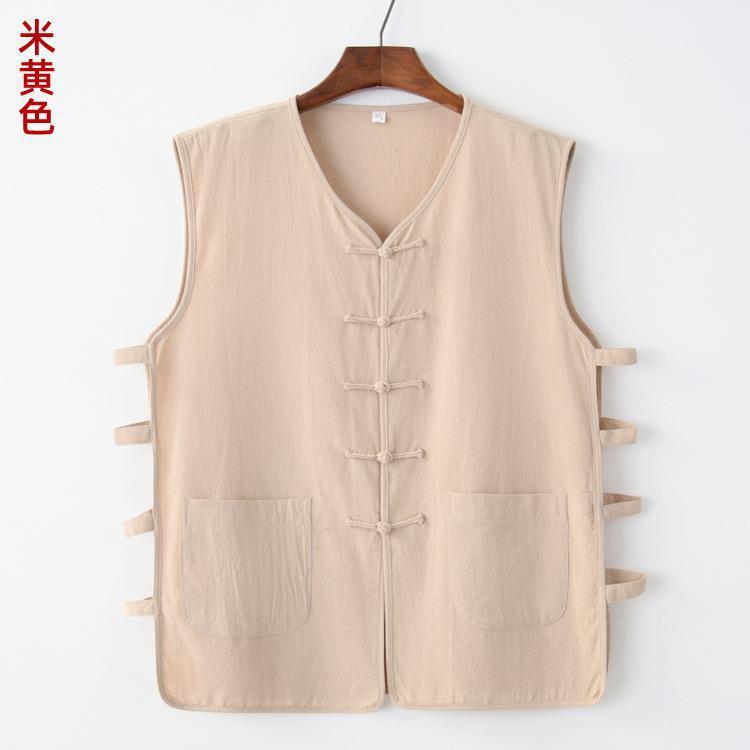 Tang suit mens sleeveless sweatshirt vest vest mandarin jacket summer Chinese style Chinese buckle old head shirt waistcoat Beige 