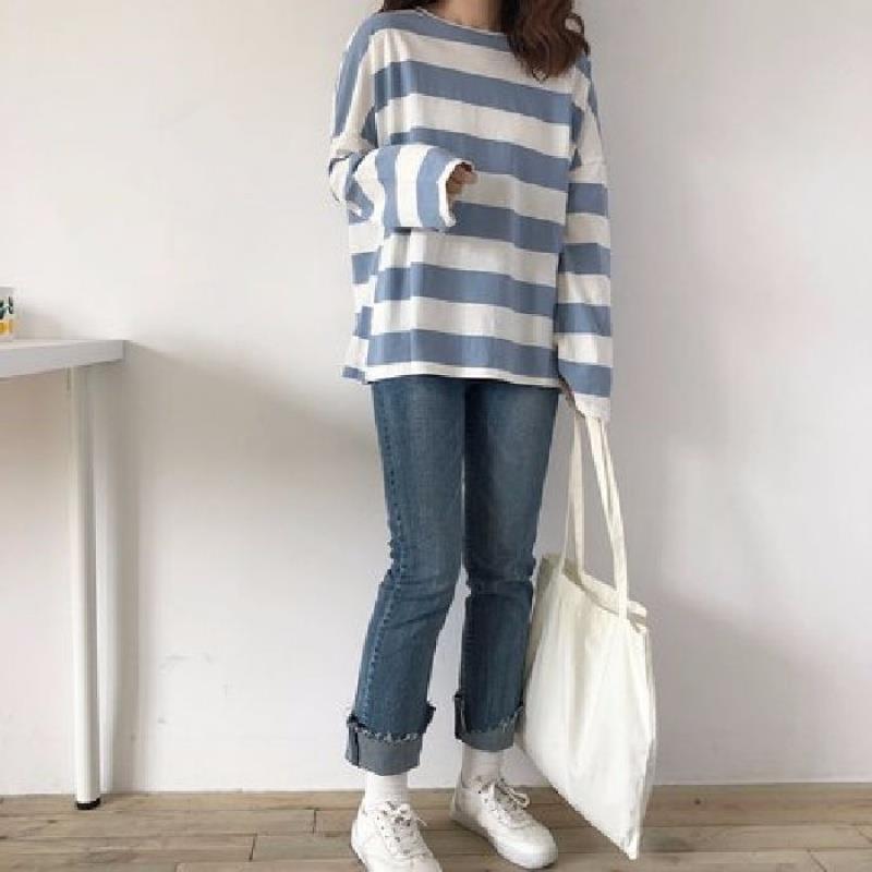 Spring coat long sleeve T-shirt female Korean striped loose ins tide student women's spring and autumn bottoming shirt a generation of hair - Image 4