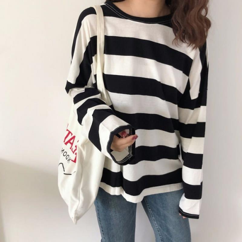 Spring coat long sleeve T-shirt female Korean striped loose ins tide student women's spring and autumn bottoming shirt a generation of hair - Image 3