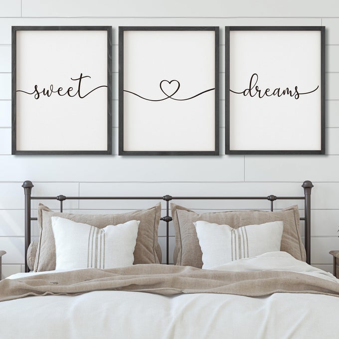 SET OF 3 FRAMED FARMHOUSE SWEET DREAMS SIGN 11X14 ABOVE BED WALL DECOR FOR BEDROOM DECOR WALL ART WOOD SIGNS 11X14 BLACK