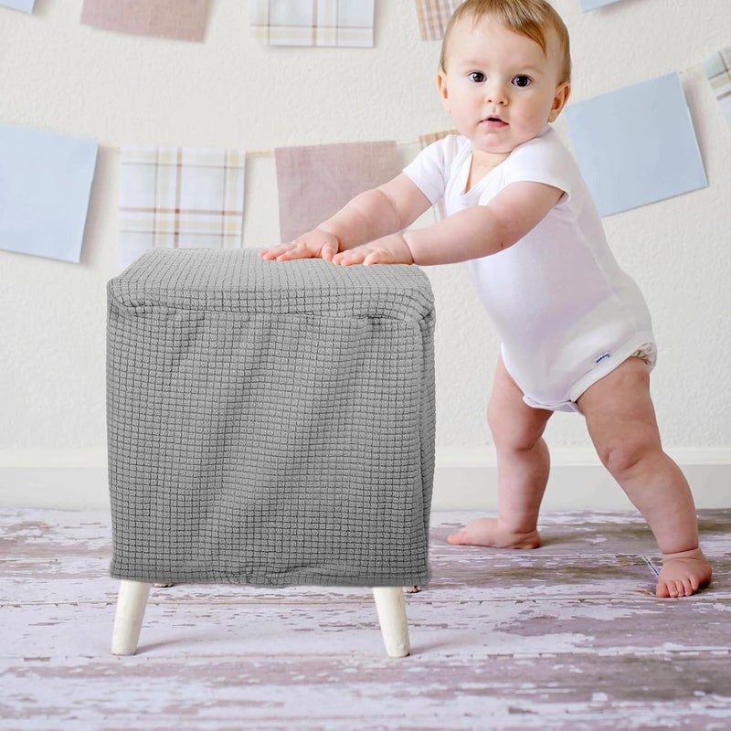 Square Stool Cover Elastic Cube Seats Protector Gray Fabric Dustproof Slipcover for Footstool and Sofa Ottoman Use - Image 5
