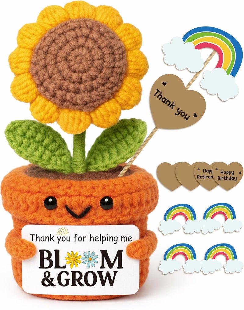 Frabaca Christmas Stocking Stuffer Crochet Sunflower Appreciation Gift-Thank You for Helping Me Bloom & Grow-Knitted flowers Plush for Teacher, Principal, Mentor, Counselor, Farewell, Retirement, Thanksgiving - Image 1