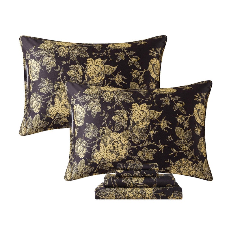 فادفاي طقم ملاءات FADFAY Rose، مقاس كوين، بتصميم كلاسيكي أسود وذهبي مزين بنقوش زهور الفاوانيا، طقم ملاءات فاخر بنمط ريفي، 800 خيط، قطن مصري 100%، ملاءة مثبتة بجيب عميق، 4 قطع، مقاس كوين - Image 1