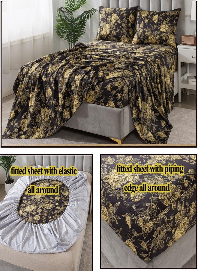 فادفاي طقم ملاءات FADFAY Rose، مقاس كوين، بتصميم كلاسيكي أسود وذهبي مزين بنقوش زهور الفاوانيا، طقم ملاءات فاخر بنمط ريفي، 800 خيط، قطن مصري 100%، ملاءة مثبتة بجيب عميق، 4 قطع، مقاس كوين - Image 4