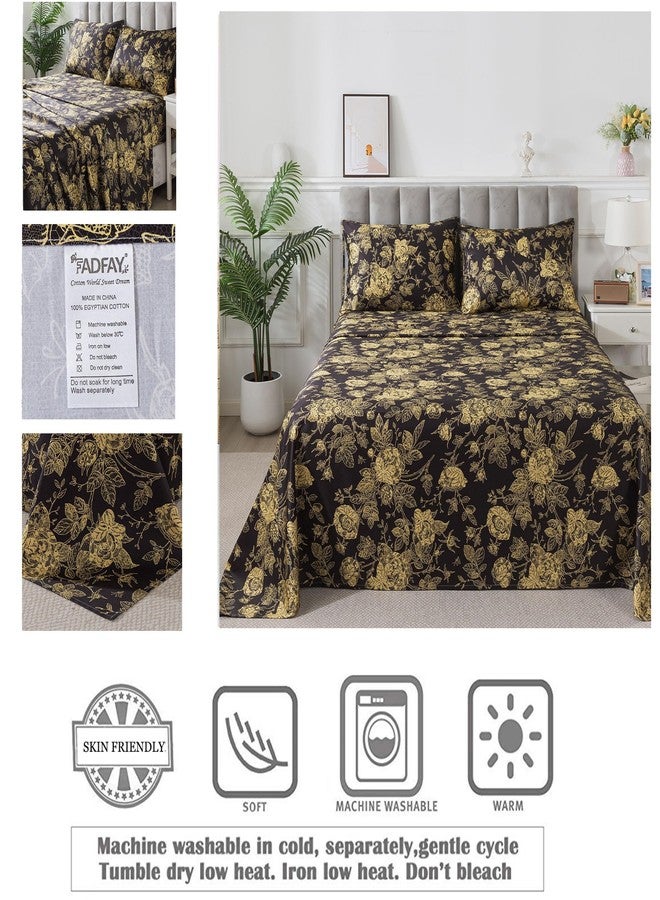 فادفاي طقم ملاءات FADFAY Rose، مقاس كوين، بتصميم كلاسيكي أسود وذهبي مزين بنقوش زهور الفاوانيا، طقم ملاءات فاخر بنمط ريفي، 800 خيط، قطن مصري 100%، ملاءة مثبتة بجيب عميق، 4 قطع، مقاس كوين - Image 3