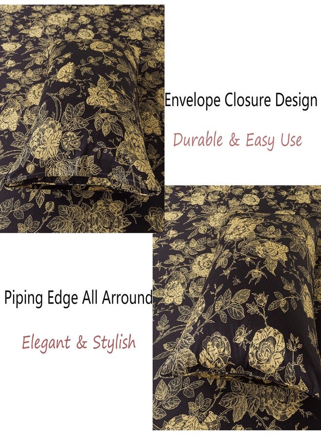 فادفاي طقم ملاءات FADFAY Rose، مقاس كوين، بتصميم كلاسيكي أسود وذهبي مزين بنقوش زهور الفاوانيا، طقم ملاءات فاخر بنمط ريفي، 800 خيط، قطن مصري 100%، ملاءة مثبتة بجيب عميق، 4 قطع، مقاس كوين - Image 5