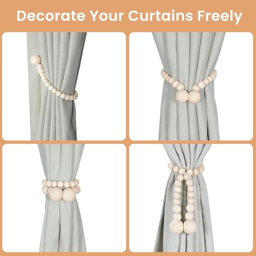 KLOGTSIND Magnetic Curtain Tiebacks, Curtain Tie Backs for Curtains 4 Pack, Wood Bead Curtain Tiebacks, Curtain Holders for Boho Bedroom Decor, Baby Nursery Decor, Farmhouse Decor - Image 4
