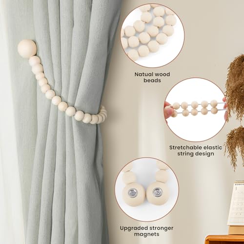 KLOGTSIND Magnetic Curtain Tiebacks, Curtain Tie Backs for Curtains 4 Pack, Wood Bead Curtain Tiebacks, Curtain Holders for Boho Bedroom Decor, Baby Nursery Decor, Farmhouse Decor - Image 5