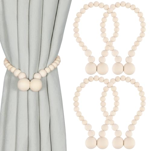 KLOGTSIND Magnetic Curtain Tiebacks, Curtain Tie Backs for Curtains 4 Pack, Wood Bead Curtain Tiebacks, Curtain Holders for Boho Bedroom Decor, Baby Nursery Decor, Farmhouse Decor - Image 1