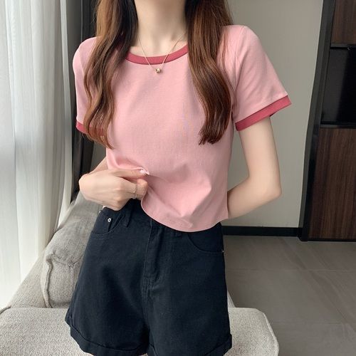 2023 Contrast Color Round Neck Short Sleeve T-shirt Womens Summer Base Shirt Korean Slim Fit Short T-shirt Female Students Wholesale Foreign Trade Pink  - Image 1