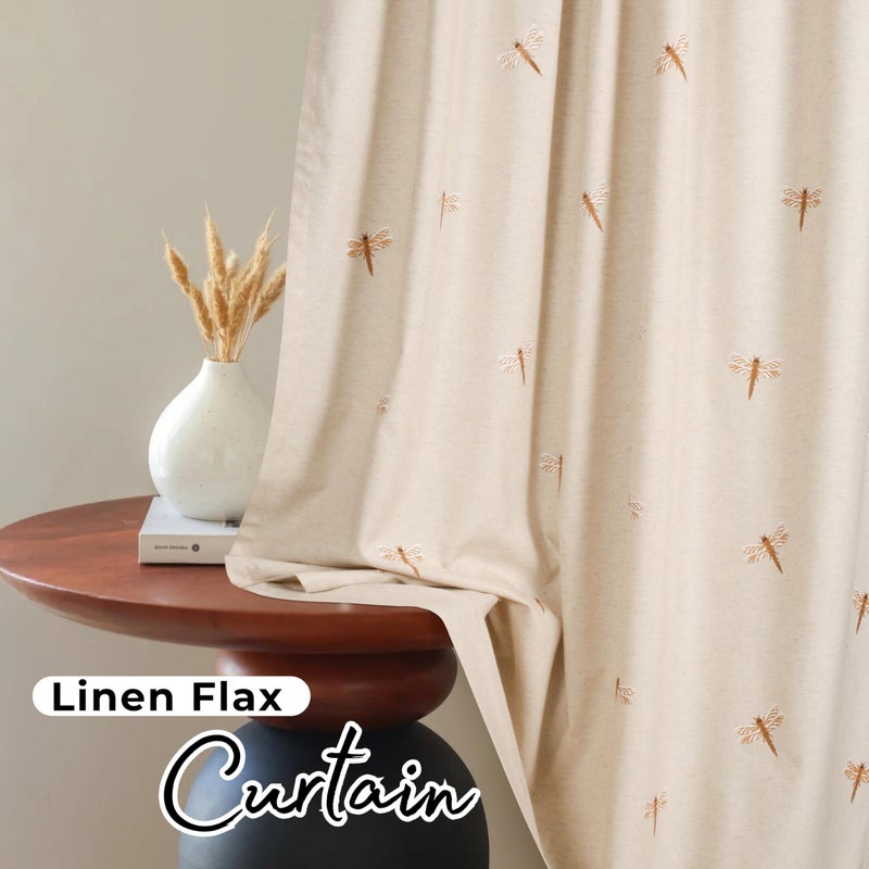 Bedding Craft Linen Curtains 108 inch - Room Darkening  Flax Linen Drapes with Dragonfly Print  Natural Taupe  1 Piece - Image 3