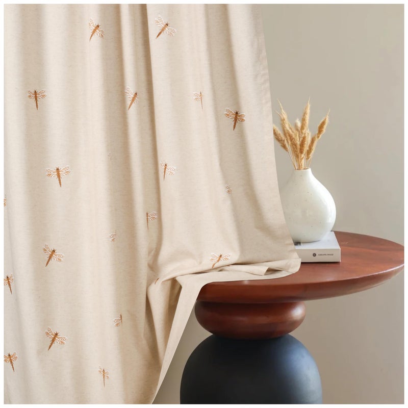 Bedding Craft Linen Curtains 108 inch - Room Darkening  Flax Linen Drapes with Dragonfly Print  Natural Taupe  1 Piece - Image 1