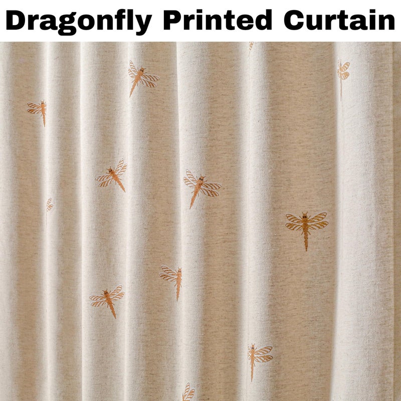 Bedding Craft Linen Curtains 108 inch - Room Darkening  Flax Linen Drapes with Dragonfly Print  Natural Taupe  1 Piece - Image 2
