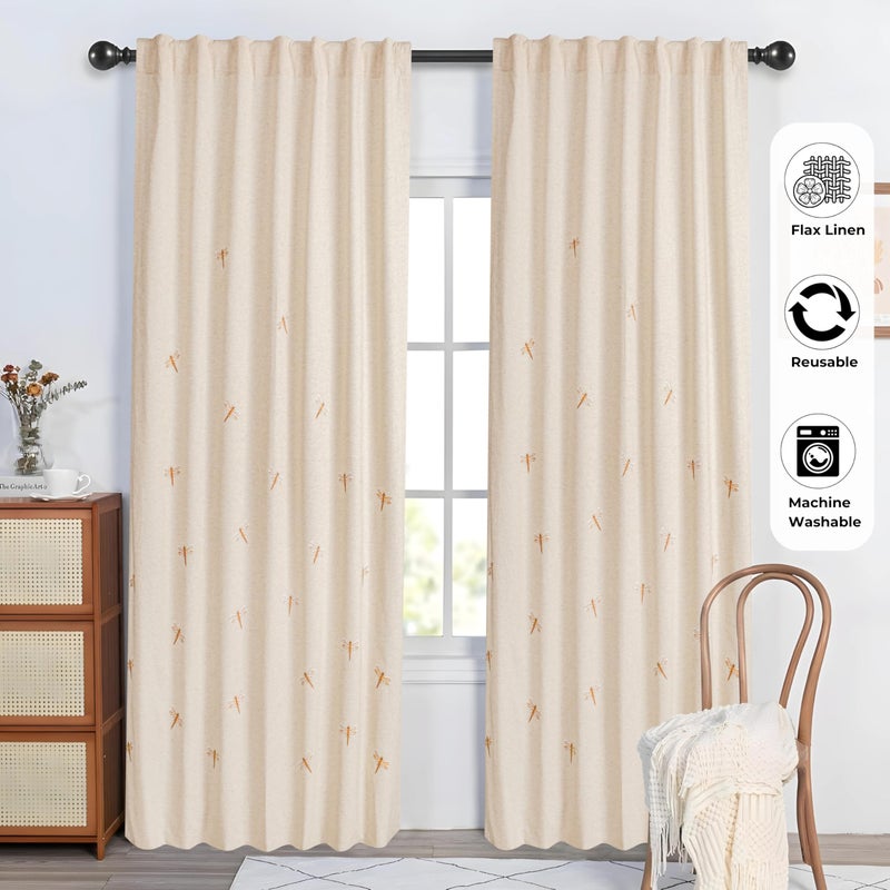 Bedding Craft Linen Curtains 108 inch - Room Darkening  Flax Linen Drapes with Dragonfly Print  Natural Taupe  1 Piece - Image 4