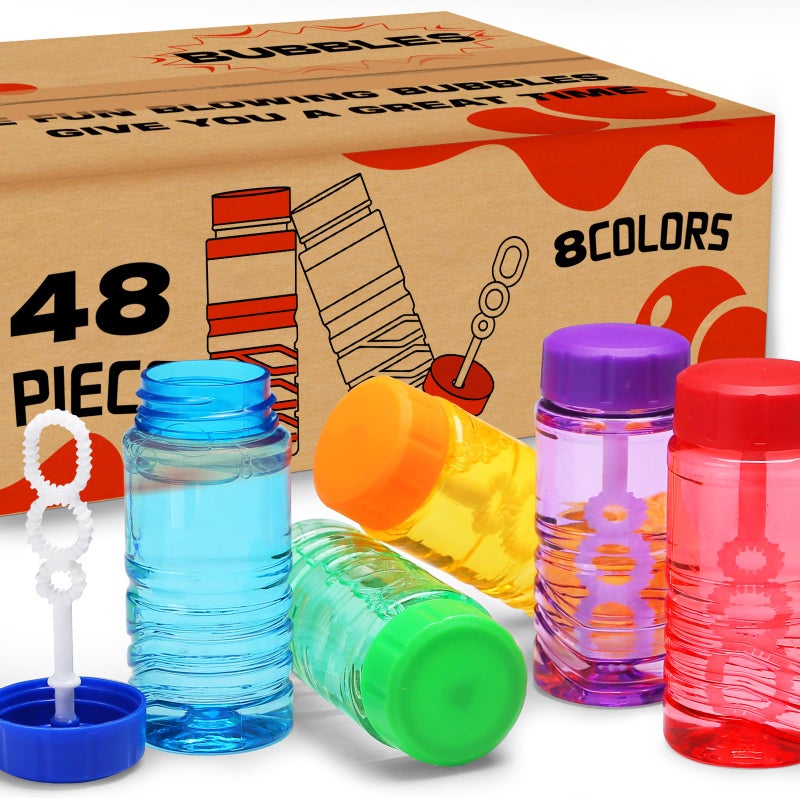 MAPIXO 48 Pack Bubble Bottle with Wand Attached to the Cap (8 Colors), Bubbles Bulk Set for Kids Party Favors, Blower Bubbles Refill Toy for Toddler Summer Outside, Birthday Gift, Goody Bag Stuffers Supplies - Image 1