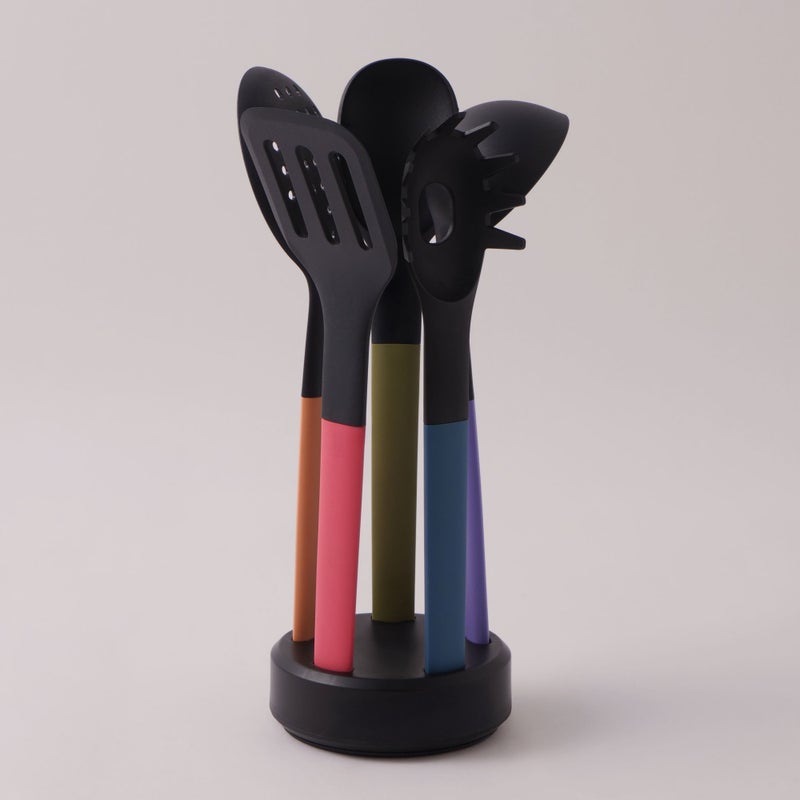 ALBERTO مجموعة أدوات المطبخ 5 قطع من ألبرتو مع حامل قاعدة دوار، أسود - Image 1