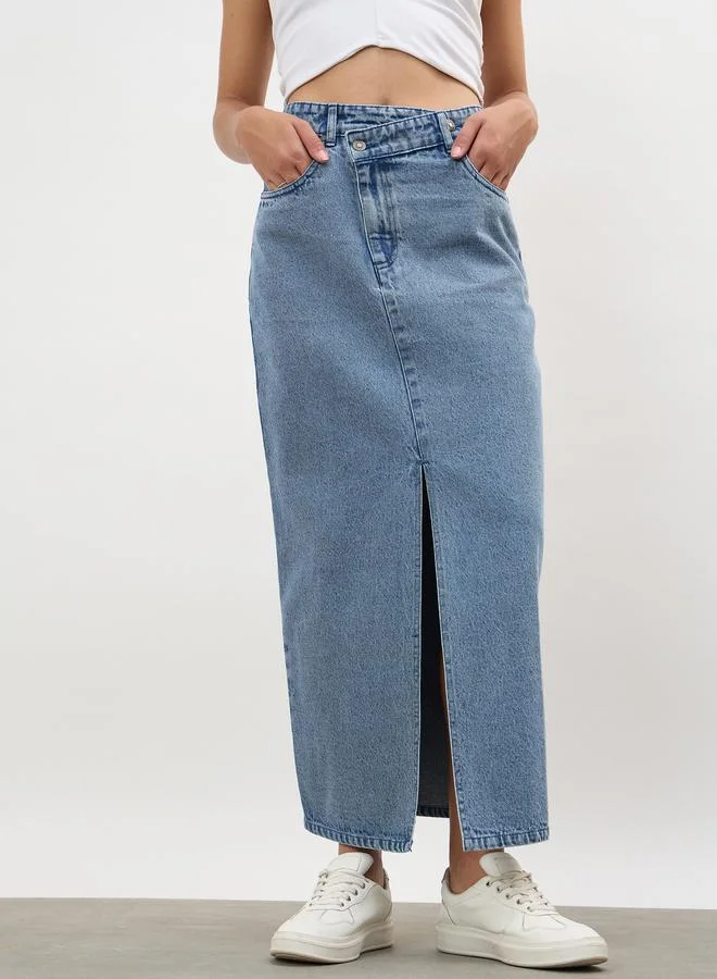Sassafras Blue Asymmetrical Waist Front Slit Denim Maxi Skirt
